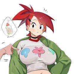 Rule 34 | 1girl, black choker, black eyes, breasts, choker, closed mouth, crop top, cropped shirt, ear piercing, foster&#039;s home for imaginary friends, frankie foster, green jacket, hair ornament, hand on own hip, highres, jacket, large breasts, midriff, navel, nia (nia4294), piercing, ponytail, red hair, shirt, sleeves past wrists, solo, standing, white background, white shirt
