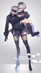 Rule 34 | 1boy, 1girl, black dress, black gloves, black hairband, blindfold, boots, carrying, choker, chromatic aberration, cleavage cutout, clothing cutout, copyright name, covered eyes, dress, gloves, grey background, hairband, highres, mole, mole under mouth, nier (series), nier:automata, princess carry, short hair, silver hair, thigh boots, thighhighs, thighhighs under boots, tubumi, 2b (nier:automata), 9s (nier:automata)