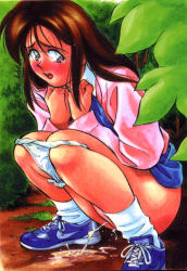 Rule 34 | 1girl, artist request, blouse, blue footwear, blue skirt, blush, brown eyes, brown hair, bush, character request, clothes lift, copyright request, day, embarrassed, fearful, forest, full body, grass, leaves, lifted by self, long hair, long sleeves, looking to the side, nature, nike (company), open mouth, outdoors, panties, panty pull, pee, peeing, pink sweater, plant, puddle, retro artstyle, scan, scared, shirt, shoes, skirt, skirt lift, sneakers, socks, solo, squatting, sweater, swoosh, teeth, tree, underwear, white panties, white shirt, white socks