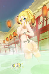 Rule 34 | 1girl, ass, blonde hair, blue hair, breasts, chibi, female focus, hair bun, highres, lily (vocaloid), looking at viewer, nipples, nude, oneliner, onsen, single hair bun, soap bubbles, solo, thighs, vocaloid, water, wet