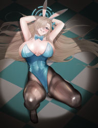 Rule 34 | 1girl, absurdres, animal ears, aqua bow, aqua bowtie, aqua leotard, armpits, arms behind head, asuna (blue archive), asuna (bunny) (blue archive), bare shoulders, black pantyhose, blonde hair, blue archive, blue eyes, blush, bow, bowtie, breasts, checkered floor, collarbone, commentary, covered navel, detached collar, english commentary, fake animal ears, full body, gcg, hair over one eye, hair ribbon, halo, highres, huge breasts, knees up, leotard, long hair, looking at viewer, lying, mole, mole on breast, official alternate costume, on back, on floor, open mouth, pantyhose, playboy bunny, rabbit ears, ribbon, smile, solo, teeth, thighs