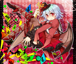 Rule 34 | 1girl, alternate costume, ankle lace-up, bat wings, birdcage, blue hair, cage, card, clock, cross-laced footwear, cup, fang, female focus, frills, gathers, hat, highres, mise yuzuki, nail polish, red eyes, remilia scarlet, short hair, smile, solo, teacup, thighhighs, touhou, wings