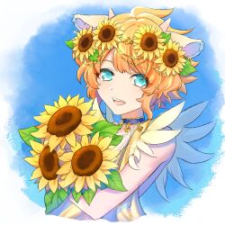 Rule 34 | 1boy, animal ears, blue background, blue eyes, bouquet, flower, head wreath, highres, holding, holding bouquet, horns, looking at viewer, male focus, mel6969, multicolored background, open mouth, orange hair, selen (show by rock!!), sheep boy, sheep ears, sheep horns, short hair, show by rock!!, smile, solo, sunflower, teeth, white background, yellow flower