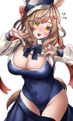 Rule 34 | 1girl, absurdres, alternate costume, animal ears, blue hat, blush, breasts, brown hair, cleavage, commentary request, hair ornament, hairclip, hat, highres, horse ears, horse girl, horse tail, large breasts, looking at viewer, matikane tannhauser (umamusume), medium hair, navel, po musubi, ribbon, school swimsuit, solo, sweat, swimsuit, tail, umamusume, white background, yellow eyes