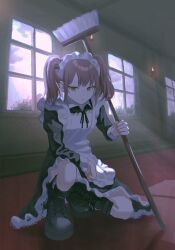 Rule 34 | 1girl, absurdres, apron, black dress, black footwear, black ribbon, broom, cloud, dot nose, dress, ear piercing, earrings, expressionless, eyebrows hidden by hair, frills, highres, holding, holding broom, indoors, jewelry, kyano (kyanora3141), light, light particles, light rays, long sleeves, maid, maid apron, maid headdress, medium hair, on one knee, open mouth, orange eyes, original, piercing, pink hair, red carpet, ribbon, ringed eyes, twintails, two side up, white apron, window