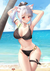 Rule 34 | 1girl, absurdres, animal, animal ear fluff, animal ears, arm strap, armpits, arms behind head, arms up, beach, bikini, bird, black bow, blue hair, blue sky, blunt bangs, blush, bow, breasts, cat ears, cleavage, cloud, collarbone, commentary, day, english commentary, gradient hair, groin, hair bow, highres, horizon, large breasts, long hair, looking at viewer, multicolored hair, navel, o-ring, o-ring bikini, ocean, original, outdoors, parted lips, ponytail, red eyes, siha, sky, solo, standing, starfish, stomach, swimsuit, thigh gap, thigh strap, thighs, water, wet, white hair