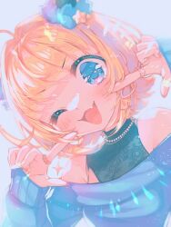 Rule 34 | 1girl, :3, bare shoulders, black shirt, blonde hair, blue eyes, blue sweater, blunt bangs, blush, commentary, demon horns, earrings, fake horns, fang, fingers to cheeks, hands up, highres, horns, jewelry, long sleeves, looking at viewer, mem-cho, one eye closed, open mouth, oshi no ko, porta3948 5, ring, shirt, short hair, smile, solo, sparkle, sweater, upper body