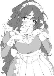 Rule 34 | absurdres, apron, bad id, bad pixiv id, blush, breasts, character request, cleavage, cleavage cutout, clothing cutout, copyright request, dorontabi, dress, greyscale, highres, long hair, looking at viewer, maid apron, maid headdress, messy hair, monochrome, smile, wavy hair, wavy mouth