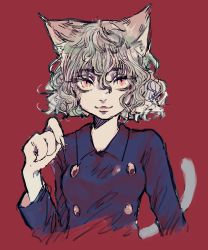 Rule 34 | androgynous, animal ears, blue shirt, cat ears, cat girl, cat tail, collar, fingernails, gender request, highres, hunter x hunter, lgeasy, long fingernails, long sleeves, neferpitou, other focus, pink eyes, red background, shirt, short hair, simple background, solo, tail, wavy hair, white hair