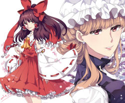 Rule 34 | 2girls, arm at side, arm ribbon, ascot, bell, black hair, bow, cherry blossoms, collar, dated, detached sleeves, dress, earbuds, earphones, earrings, eyebrows, floating hair, frilled collar, frilled skirt, frills, hair bow, hair tubes, hair up, hakurei reimu, hand up, hat, jewelry, light particles, lips, long hair, looking to the side, mob cap, multiple girls, parted lips, petals, pleated skirt, ponytail, purple eyes, red eyes, red skirt, ribbon, ribbon-trimmed collar, ribbon-trimmed sleeves, ribbon trim, sarashi, simple background, skirt, sleeveless, smile, tabard, teeth, touhou, white background, white dress, yakumo yukari, yayoi (su misheng)