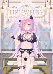 Rule 34 | 1girl, black bow, black panties, bow, bow panties, bra, breasts, closed mouth, commentary request, double bun, garter belt, hair bow, hair bun, hand up, highres, long hair, maid headdress, mannequin, navel, omelet tomato, original, panties, pink hair, puffy short sleeves, puffy sleeves, short sleeves, shrug (clothing), side-tie panties, skindentation, small breasts, smile, solo, thighhighs, two side up, underwear, very long hair, white bra, white panties, white thighhighs, wrist cuffs