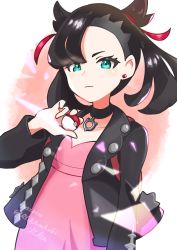 Rule 34 | 1girl, absurdres, arutarika (ri kaoekaki), asymmetrical bangs, backpack, bag, black choker, black hair, black jacket, choker, closed mouth, commentary request, creatures (company), dated, dress, earrings, game freak, green eyes, hair ribbon, hand up, highres, holding, holding poke ball, jacket, jewelry, marnie (pokemon), nintendo, open clothes, open jacket, pink dress, poke ball, poke ball (basic), pokemon, pokemon swsh, red bag, red ribbon, ribbon, solo, watermark