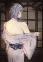 Rule 34 | 1boy, aqua hair, aqua kimono, back, back focus, brown background, clothing request, commentary request, facing away, genshin impact, highres, indoors, japanese clothes, kamisato ayato, kimono, long hair, male focus, obi, off shoulder, outstretched hand, sash, sidelocks, standing, tagme, toned, toned male, yunikuso