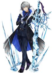 Rule 34 | #compass, 1boy, adam yuriev, belt, black coat, black footwear, black gloves, black jacket, black pants, blue gemstone, blue ribbon, buttons, closed mouth, coat, crystal, full body, fur-trimmed coat, fur-trimmed hood, fur-trimmed sleeves, fur trim, gem, gloves, grey hair, hair ornament, hand on own chest, hands up, heel up, highres, hood, hood down, ice, jacket, kyo zip, long sleeves, looking at viewer, male focus, neck ribbon, official art, one eye closed, open clothes, open coat, pants, planted, planted sword, planted weapon, pleated coat, pouch, purple ribbon, ribbon, shoes, short hair, sidelocks, simple background, solo, standing, sword, symbol-shaped pupils, third-party source, two-sided coat, two-sided fabric, weapon, white background, x-shaped pupils, yellow eyes