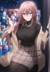 Rule 34 | 1girl, black shirt, blue eyes, blush, breasts, brown coat, brown hair, brown skirt, coat, commentary request, hair between eyes, highres, jewelry, kinona, large breasts, long hair, long sleeves, looking at viewer, necklace, open clothes, open coat, original, parted lips, pearl necklace, plaid, plaid skirt, shirt, shirt tucked in, skirt, smile, solo, thighs, turtleneck, window