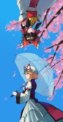 Rule 34 | 2girls, ascot, blonde hair, blue sky, bow, brown hair, cherry blossoms, closed mouth, detached sleeves, dress, frilled bow, frilled dress, frilled hair tubes, frills, gloves, hair bow, hair tubes, hakurei reimu, hat, hat ribbon, highres, holding, holding umbrella, long hair, long sleeves, mob cap, multiple girls, onionmay, purple eyes, purple tabard, red bow, red ribbon, ribbon, ribbon-trimmed sleeves, ribbon trim, sky, smile, tabard, touhou, transparent, transparent umbrella, umbrella, upside-down, white gloves, yakumo yukari, yellow ascot