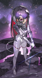 Rule 34 | 1girl, astronaut, black hair, broken, cable, closed mouth, diffraction spikes, eyes visible through hair, floating, floating rock, gradient hair, green eyes, hand on hilt, helmet, highres, holding, holding sword, holding weapon, johnny-chan, long hair, looking at viewer, multicolored eyes, multicolored hair, original, pink eyes, pink pupils, planted, planted sword, planted weapon, purple eyes, purple hair, red hair, solo, space, space helmet, standing, sword, two-tone hair, weapon