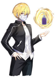 Rule 34 | 1boy, absurdres, black jacket, black pants, blonde hair, collarbone, commentary request, coronavirus pandemic, cowboy shot, cropped legs, fate/stay night, fate (series), floating, floating object, gilgamesh (fate), hair between eyes, hand on own hip, hand up, highres, jacket, layered sleeves, long sleeves, looking at viewer, m.tokotsu, magic, male focus, mask, mouth mask, official alternate costume, open clothes, open jacket, pants, red eyes, shirt, short hair, soap bottle, solo, standing, surgical mask, white background, white shirt