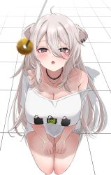 Rule 34 | 1girl, :o, @ @, ahoge, animal ears, bare shoulders, black choker, blush, breasts, choker, cleavage, coin, collarbone, commentary request, ear piercing, fang, full body, grey eyes, grey hair, hair between eyes, hands on own thighs, highres, holed coin, hololive, jewelry, large breasts, lion ears, lion girl, long hair, necklace, nerorigogo, off shoulder, open mouth, pendulum, piercing, seiza, shirt, shishiro botan, shishiro botan (casual), sidelocks, sitting, solo, t-shirt, tile floor, tiles, virtual youtuber, white shirt