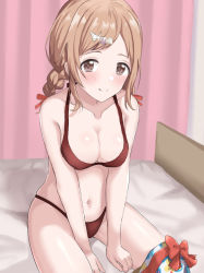 Rule 34 | between legs, blush, bow, breasts, brown eyes, brown hair, closed mouth, collarbone, commentary, drill hair, hair ornament, hair ribbon, hairclip, hand between legs, idolmaster, idolmaster shiny colors, indoors, long hair, looking at viewer, medium breasts, mm (pomeme4), navel, on bed, red bow, red ribbon, ribbon, sakuragi mano, sitting, smile, solo, twin drills, twintails, underwear, underwear only