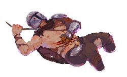 Rule 34 | 1boy, armor, bara, bare pectorals, blood, brown pants, character request, chest hair, copyright request, cropped legs, cuts, facial hair, helmet, highres, injury, lying, male focus, mature male, muscular, muscular male, on back, open pants, pants, pauldrons, pectorals, seafoodbf, shirt, shoulder armor, solo, stomach, stubble, torn clothes, torn shirt, vambraces, white background