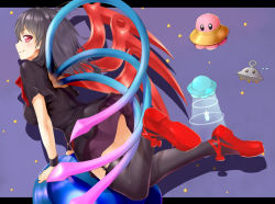 Rule 34 | 1girl, ahoge, ass, asymmetrical wings, back cutout, black dress, black hair, black thighhighs, blush, breasts, chiroshiron, clothing cutout, dress, flying saucer, garter straps, houjuu nue, jumping, kirby, kirby (series), leaning forward, looking at viewer, mary janes, nintendo, red eyes, red footwear, shoes, short hair, smile, solo, spacecraft, star (symbol), thighhighs, touhou, ufo, wings, wristband