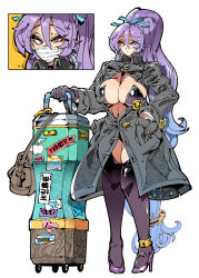 Rule 34 | 1girl, bag, blue hair, blue ribbon, breasts, brown bag, brown eyes, coat, collared coat, commentary, commission, full body, gloves, gradient hair, grey coat, grey gloves, hair between eyes, hair ribbon, high heels, holding, holding luggage, kafun, large breasts, long hair, long sleeves, looking at viewer, mask, mouth mask, multicolored hair, original, ponytail, purple footwear, purple hair, ribbon, shoes, simple background, solo, standing, thighhighs, very long hair, white background