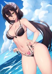 Rule 34 | 1girl, :p, bikini, black hair, blue sky, breasts, cloud, collarbone, commentary, commission, cowboy shot, day, dutch angle, frilled bikini, frills, hair between eyes, heart, heart tattoo, highres, horizon, horns, iwbitu, large breasts, light smile, long hair, low ponytail, maid, maid bikini, navel, ocean, original, outdoors, pointy ears, ponytail, pubic tattoo, short hair, sky, swimsuit, tattoo, thighs, tongue, tongue out, twitter username, unconventional maid, very long hair, yellow eyes