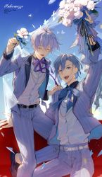 Rule 34 | 2boys, absurdres, ahoge, belt, bishounen, blue eyes, blue hair, bouquet, bow, bowtie, bug, butterfly, buttons, chain, confetti, day, doran (doran7280), flower, formal, hand on another&#039;s shoulder, heart, highres, holding, holding bouquet, holding flower, idolish7, insect, light rays, long sleeves, looking at viewer, male focus, mezzo&quot;, multiple boys, open mouth, osaka sougo, pink flower, pink rose, purple eyes, rose, short hair, sitting, smile, sparkle, suit, uniform, veil, white butterfly, white hair, yotsuba tamaki