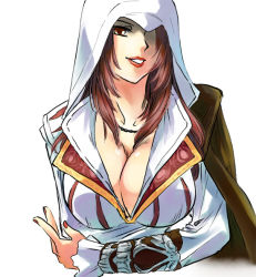 Rule 34 | 1girl, assassin&#039;s creed, assassin&#039;s creed (series), assassin&#039;s creed ii, bad id, bad pixiv id, breasts, cape, cleavage, ezio auditore da firenze, forest penguin, genderswap, genderswap (mtf), hair over one eye, hood, huge breasts, jewelry, long hair, nail polish, necklace, red hair, scar, simple background, smile, solo, tatsuri (forest penguin), vambraces, white background