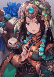 Rule 34 | 1girl, blue eyes, blue flower, brown hair, commentary request, donkey, earrings, fake nails, fingernails, flower, fur trim, gem, grey background, hand up, highres, jewelry, lee hyeseung, long hair, long sleeves, looking at viewer, original, parted lips, simple background, smile, solo, traditional clothes, upper body, wide sleeves