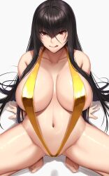 Rule 34 | akitsuki karasu, areola slip, arm support, barefoot, black hair, breasts, collarbone, commentary request, coyote ragtime show, eyebrows hidden by hair, highres, kurochijo, large breasts, long bangs, long hair, looking at viewer, navel, red eyes, slingshot swimsuit, squatting, swimsuit, thick thighs, thighs, tongue, tongue out