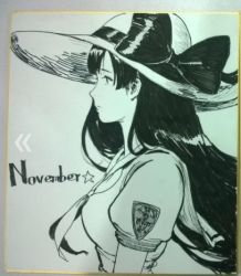 Rule 34 | 1girl, artist name, black hair, dress, hat, iowa (pacific), jeanex, kantai collection, long hair, lowres, monochrome, pacific (kancolle), puffy short sleeves, puffy sleeves, sailor dress, short sleeves, sun hat, traditional media, upper body
