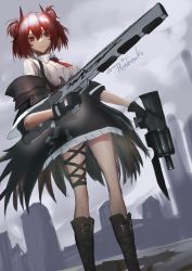 Rule 34 | 1girl, absurdres, animal ears, arknights, bird ears, black footwear, black jacket, boots, bright pupils, collared shirt, dual wielding, dutch angle, feet up, fiammetta (arknights), frilled skirt, frills, grey sky, gun, hair between eyes, hetare galm sue, highres, holding, holding gun, holding weapon, jacket, leg wrap, looking at viewer, necktie, off shoulder, open clothes, open jacket, outdoors, red eyes, red hair, red necktie, shirt, short hair, signature, skirt, sky, solo, standing, weapon, white pupils, white shirt