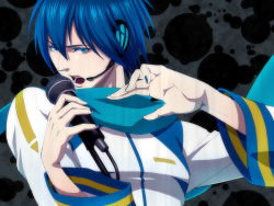 Rule 34 | 1boy, bad id, bad pixiv id, blue eyes, blue hair, blue scarf, dky, dokuya, headphones, headset, kaito (vocaloid), male focus, matching hair/eyes, microphone, open mouth, scarf, solo, vocaloid