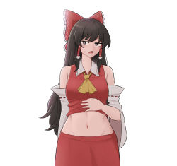 Rule 34 | 1girl, ascot, bare shoulders, black hair, bow, breasts, clothes lift, commentary, d:, detached sleeves, english commentary, groin, hair bow, hakurei reimu, half-closed eyes, highres, lifted by self, long hair, looking at viewer, mata (matasoup), medium breasts, midriff peek, navel, open mouth, red bow, red shirt, red skirt, sexually suggestive, shirt, shirt lift, simple background, skirt, solo, standing, touhou, white background, wide sleeves, yellow ascot