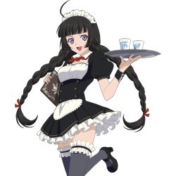 Rule 34 | 1girl, ahoge, black hair, blunt bangs, braid, carrying, cup, frilled thighhighs, frills, headdress, holding, kohaku hearts, leg lift, long hair, looking at viewer, low-tied long hair, mary janes, menu, official alternate costume, official art, open mouth, purple eyes, shoes, solo, tales of (series), tales of hearts, tales of link, thighhighs, transparent background, tray, twin braids, twintails, waitress