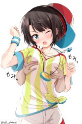 Rule 34 | 1girl, ;o, baseball cap, blue eyes, blush, breasts, brown hair, ex idol, grabbing, grabbing another&#039;s breast, hat, highres, hololive, medium breasts, one eye closed, oozora subaru, oozora subaru (1st costume), open mouth, shirt, short hair, short sleeves, shorts, simple background, solo focus, striped clothes, striped shirt, tied shirt, translation request, vertical-striped clothes, vertical-striped shirt, virtual youtuber, whistle, whistle around neck, white background, white shorts, wristband