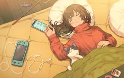 Rule 34 | 1girl, animal, black hair, blush, cat, cellphone, closed eyes, commentary request, earbuds, earphones, eyebrows hidden by hair, facing viewer, hand up, handheld game console, highres, indoors, kotatsu, long hair, long sleeves, lying, on back, original, parted lips, phone, pillow, red sweater, saino misaki, sleeping, sleeves past wrists, solo, sweater, table, turtleneck, turtleneck sweater, under kotatsu, under table, upper body, wooden floor