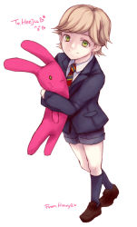 Rule 34 | 10s, 1boy, barnaby brooks jr., blonde hair, child, green eyes, himaya, loafers, male focus, necktie, shoes, short hair, shorts, signature, socks, solo, stuffed animal, stuffed rabbit, stuffed toy, tiger &amp; bunny, aged down