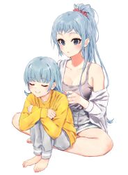 Rule 34 | 2girls, barefoot, black eyes, blue hair, braiding hair, breasts, cleavage, closed eyes, collarbone, crossed arms, crossed legs, hairdressing, hand in another&#039;s hair, highres, holding, holding another&#039;s hair, holding hair, kawasaki keika, kawasaki saki, long hair, long sleeves, medium breasts, multiple girls, nail polish, pink scrunchie, ponkan 8, ponytail, revision, scrunchie, shorts, siblings, simple background, sisters, sitting, sitting on lap, sitting on person, smile, very long hair, wariza, white background, yahari ore no seishun lovecome wa machigatteiru.