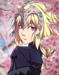 Rule 34 | 1girl, bad id, bad pixiv id, blonde hair, braid, cherry blossoms, fate/apocrypha, fate (series), headpeice, jeanne d&#039;arc (fate), jeanne d&#039;arc (ruler) (fate), looking at viewer, looking back, parted lips, purple eyes, qingchen (694757286), single braid, solo