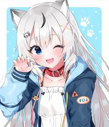 Rule 34 | 1girl, ;d, animal ears, blue hoodie, breasts, chemise, claw pose, collar, dog ears, dog girl, hasuki aoi, highres, hood, hood down, hoodie, indie virtual youtuber, juuroku anna, long hair, long sleeves, looking at viewer, one eye closed, open clothes, open hoodie, open mouth, small breasts, smile, virtual youtuber, white chemise, white hair