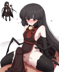 Rule 34 | 1boy, 1girl, arthropod girl, bare shoulders, bell, black eyes, black hair, black recluse (terraria), blunt bangs, blush, borrowed character, breasts, carapace, cleft of venus, commentary, creature and personification, drooling, english commentary, extra ears, girl on top, heart, hetero, highres, insect girl, long hair, looking at penis, mandibles, nipples, open mouth, personification, pubic tattoo, pussy, red eyes, reference inset, revision, sideless dress, sidelocks, sifserf, simple background, small breasts, spider girl, sweatdrop, tattoo, terraria, two-tone eyes, uncensored, white background