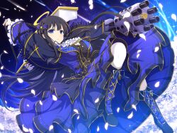 Rule 34 | 1girl, arm behind head, black hair, blue dress, blue eyes, blue footwear, breasts, cherry blossoms, closed mouth, coffin, dress, falling petals, fighting stance, flower, gatling gun, halo, large breasts, long hair, midair, minigun, night, night sky, non-web source, official art, pantyhose, petals, ryouki (senran kagura), senran kagura, senran kagura new link, serious, sky, white pantyhose, wind