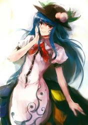 Rule 34 | 1girl, ascot, blue hair, blush, dress, female focus, food, fruit, hand on own cheek, hand on own face, hat, head tilt, hinanawi tenshi, long hair, looking at viewer, nokishita, peach, puffy short sleeves, puffy sleeves, red eyes, red ribbon, ribbon, short sleeves, simple background, smile, solo, touhou, very long hair, white background, white dress
