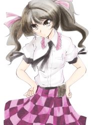 Rule 34 | 1girl, brown eyes, checkered clothes, checkered skirt, hair ribbon, highres, himekaidou hatate, kakao (noise-111), ribbon, shirt, skirt, solo, touhou, twintails, white background