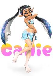 1girl ;d bare_shoulders barefoot black_hair blue_hair blue_skirt blue_tube_top blunt_bangs breasts callie_(splatoon) character_name commentary_request earclip fangs feet full_body gradient_hair groin highres holographic_clothing inkling koharu2.5 long_hair long_pointy_ears midriff miniskirt mole mole_under_eye multicolored_hair navel nintendo official_alternate_costume one_eye_closed open_mouth pencil_skirt pointy_ears red_pupils sidelocks skirt smile solo splatoon_(series) splatoon_3 standing standing_on_one_leg strapless suction_cups tan tanline tentacle_hair thick_eyebrows tube_top twintails two-tone_hair unzipping yellow_eyes zipper_pull_tab zipper_skirt