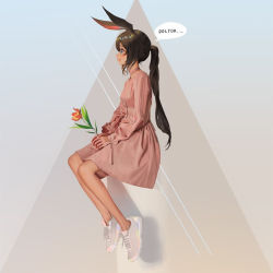 Rule 34 | 1girl, abstract background, amiya (arknights), animal ears, arknights, blue eyes, brown hair, rabbit ears, closed mouth, dress, english text, flower, leaf, looking away, pink dress, plant, rabbit girl, shoes, simple background, sitting, sneakers, solo, wonbin lee