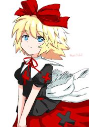 Rule 34 | 1girl, black shirt, blonde hair, blue eyes, bow, closed mouth, hair bow, highres, looking at viewer, medicine melancholy, own hands together, petticoat, red bow, red skirt, sakuraba medhi, shirt, short hair, short sleeves, simple background, skirt, smile, solo, touhou, upper body, v arms, white background